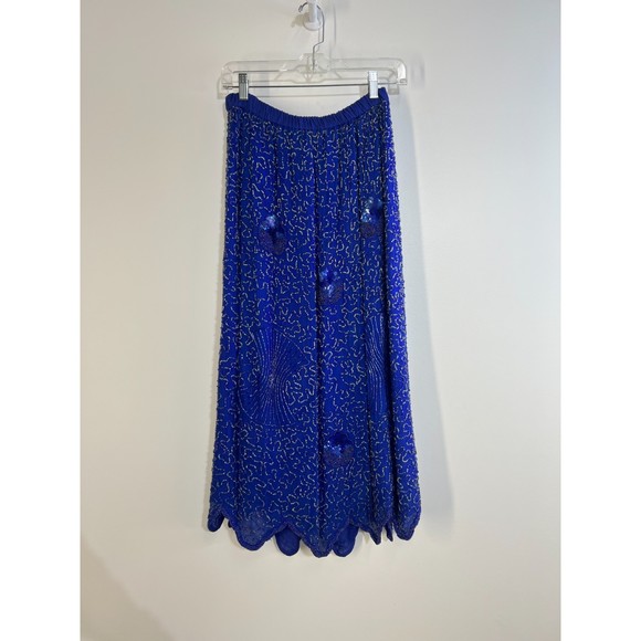 Vintage Elegance by Anuja Blue A Line Sequin and Beaded 100% Silk Skirt M - Picture 2 of 12